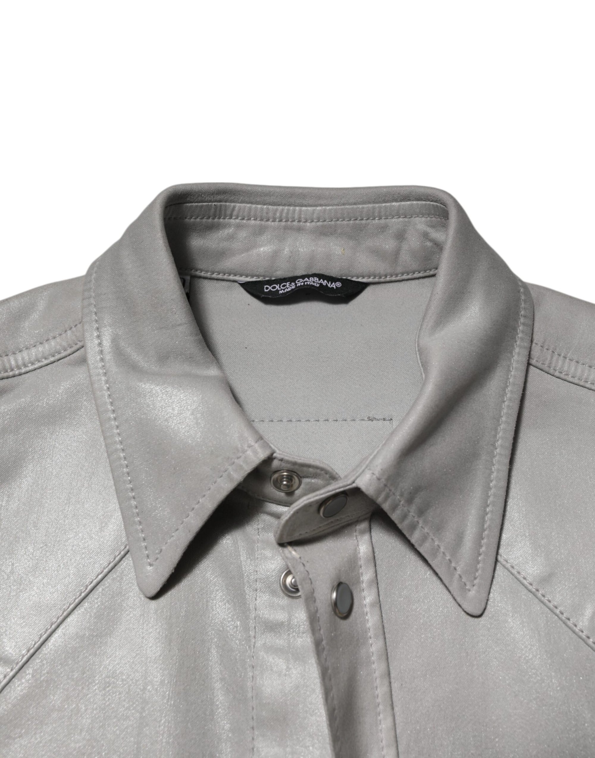 Dolce & Gabbana Gray Coated Cotton Snap Button Logo Men Shirt