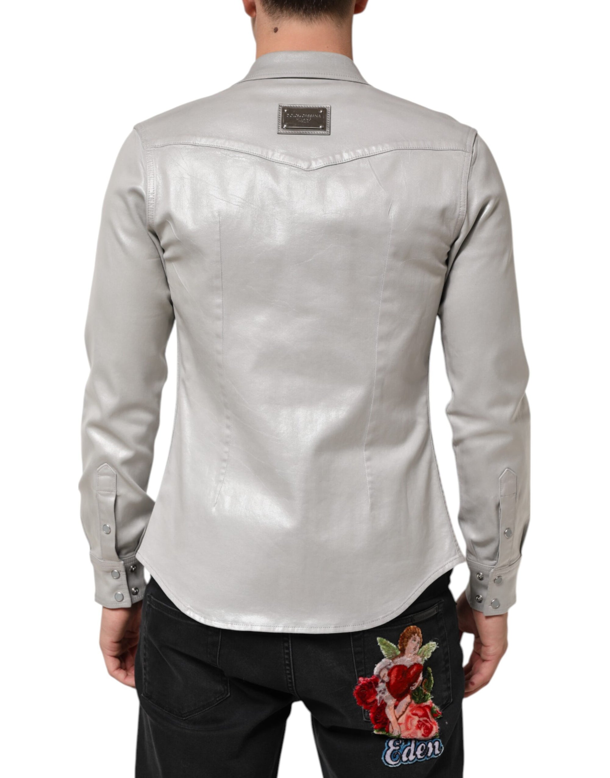 Dolce & Gabbana Metallic Gray Cotton Button Down Men Shirt