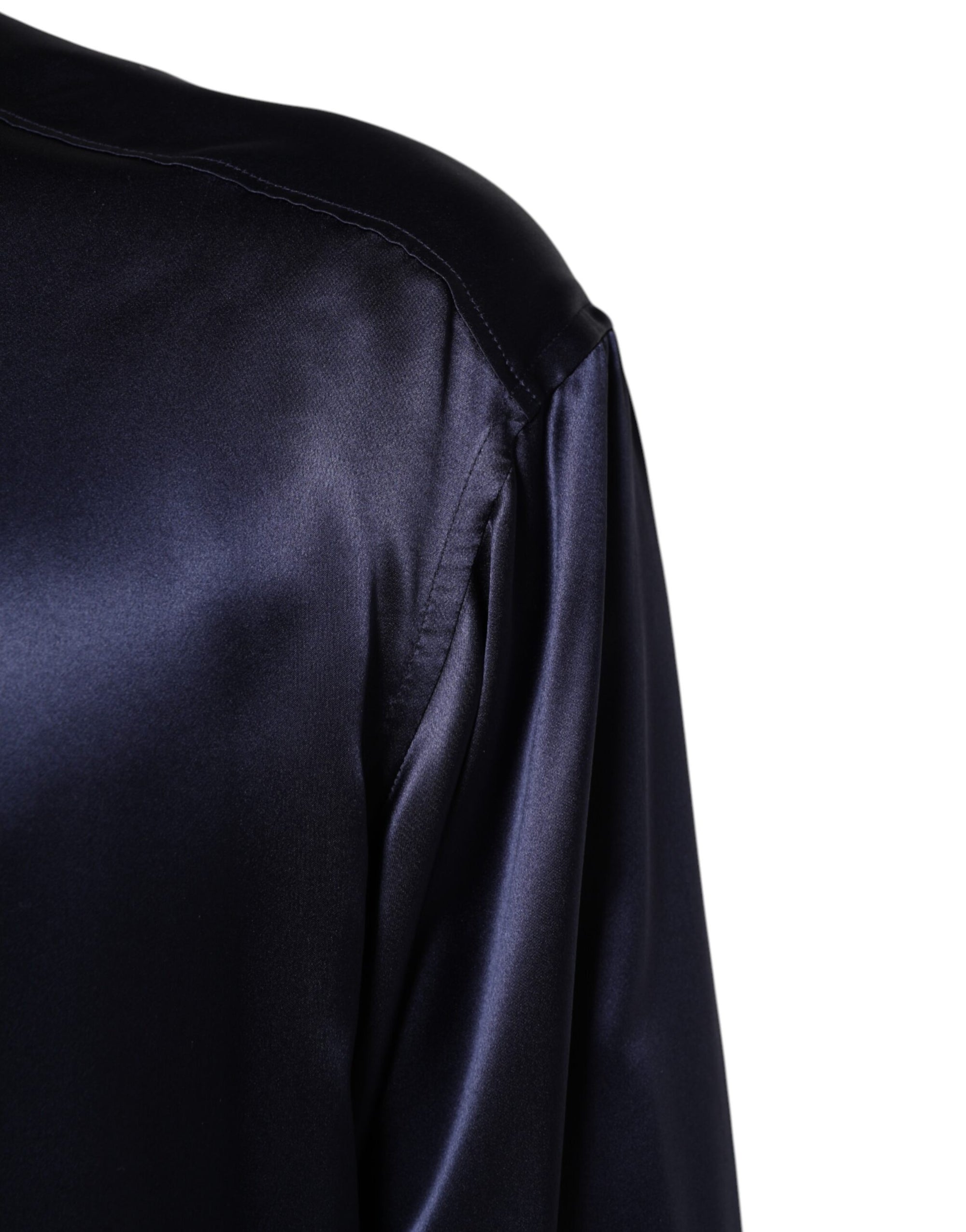 Dolce & Gabbana Navy Silk Long Sleeve Mandarin Collar Shirt