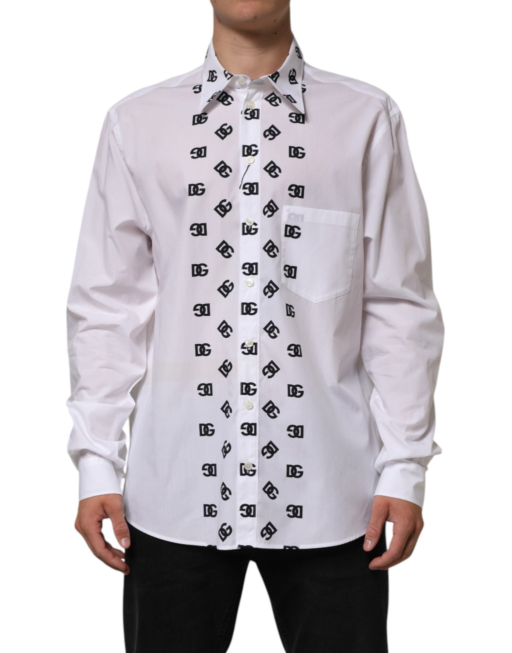 Dolce & Gabbana White Cotton Black DG Logo Long Sleeve Shirt