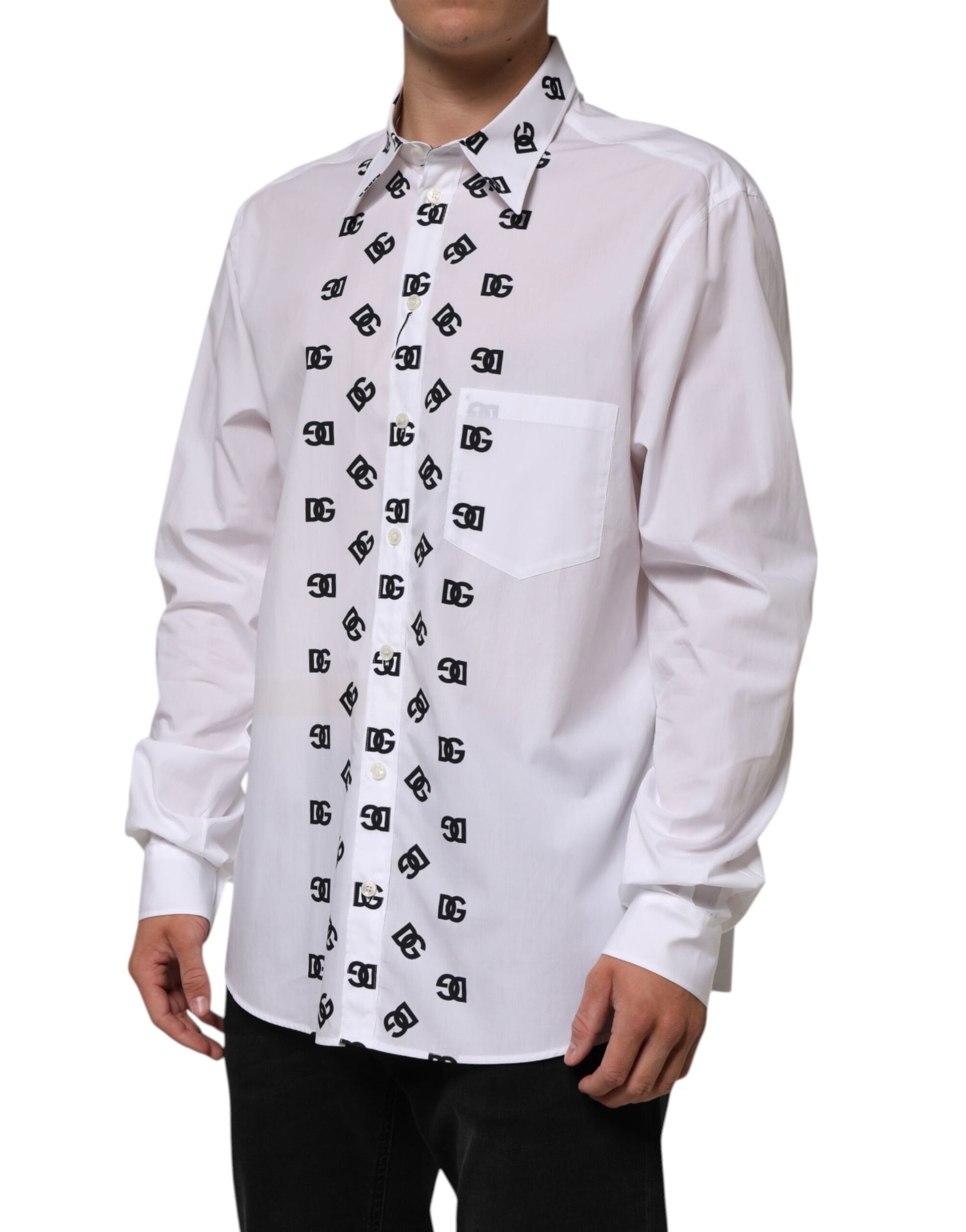 Dolce & Gabbana White Cotton Black DG Logo Long Sleeve Shirt