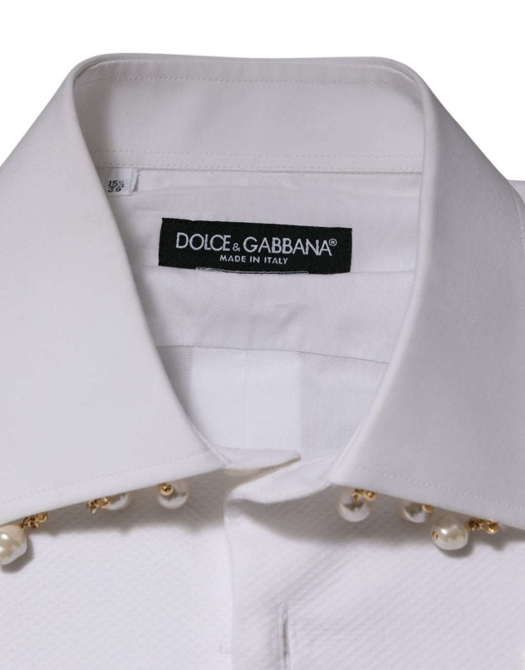 Dolce & Gabbana White Cotton DG Logo Pearl Chain Formal Shirt