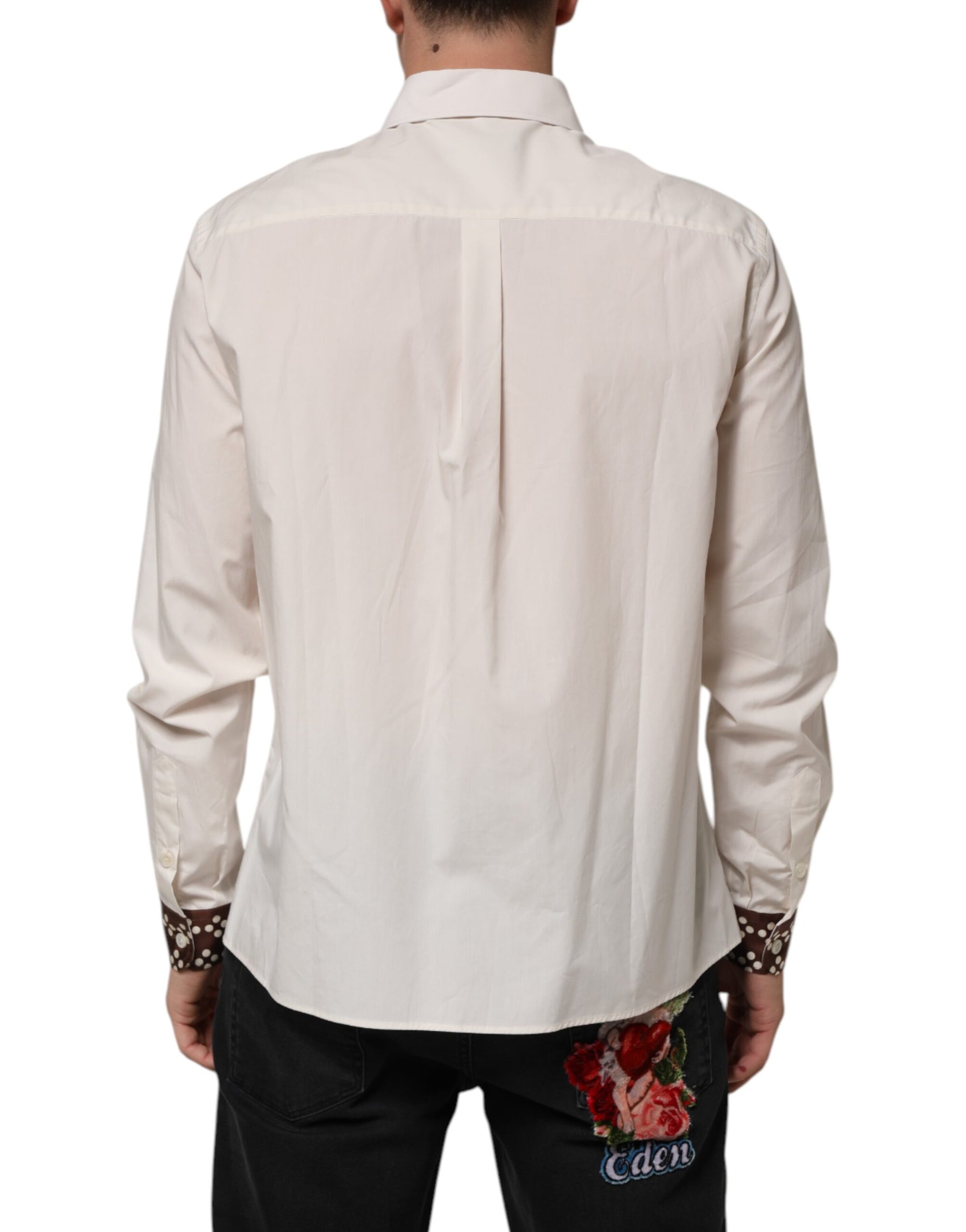 Dolce & Gabbana Cream White Cotton Polka Dot Slim Fit Shirt