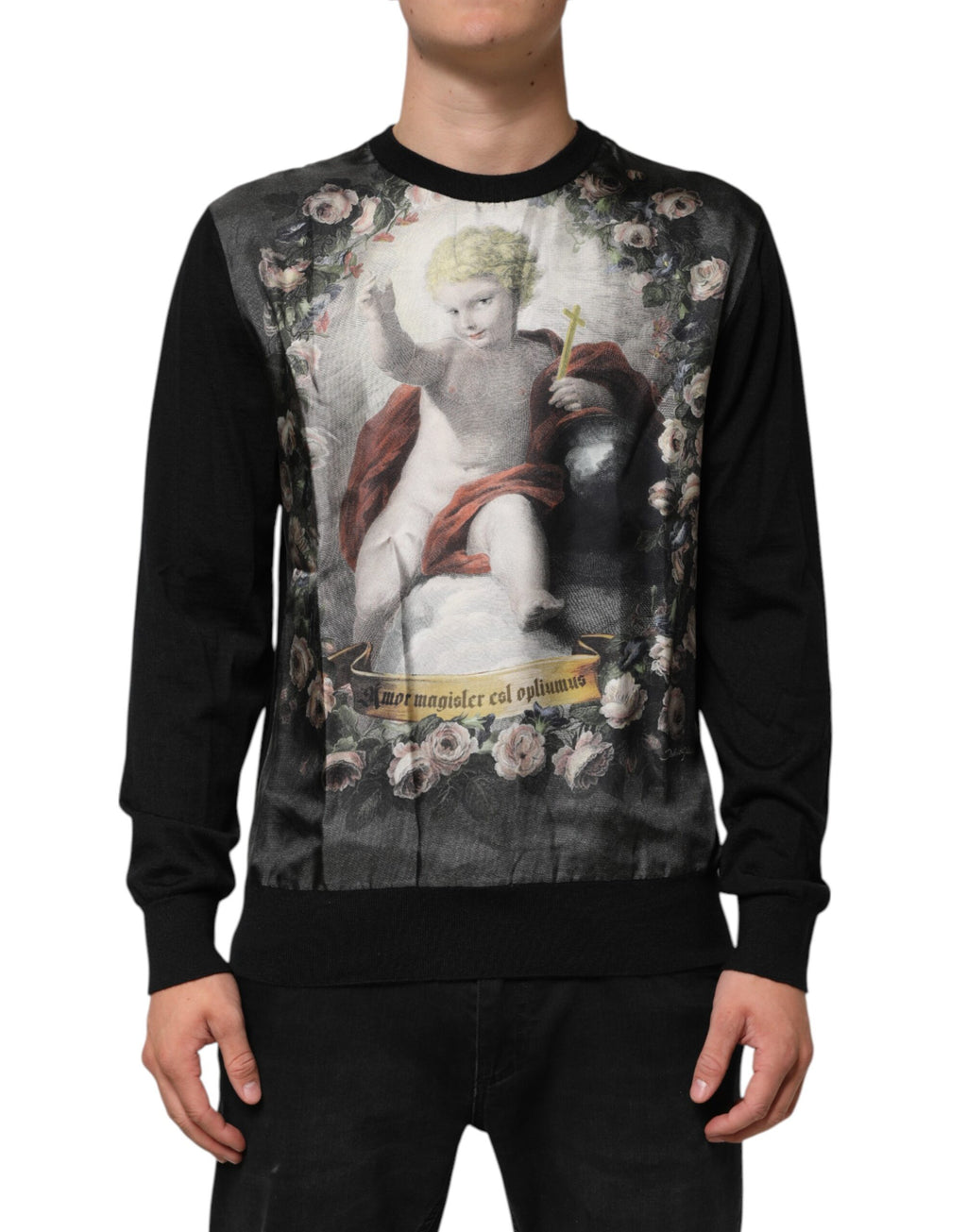 Dolce & Gabbana Black Cashmere Cherub Print Baroque Sweater