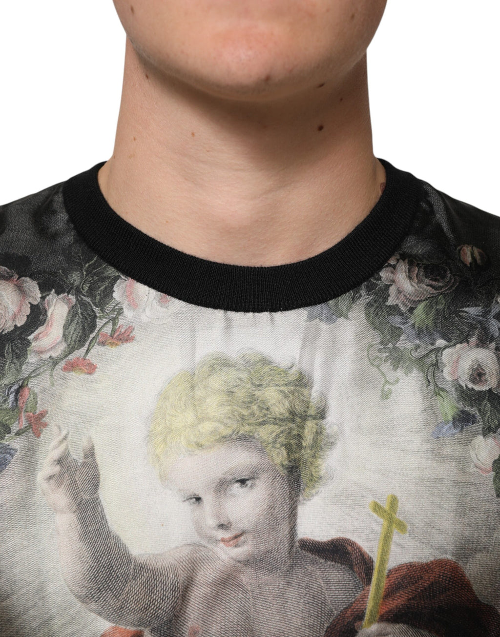 Dolce & Gabbana Black Cashmere Cherub Print Baroque Sweater