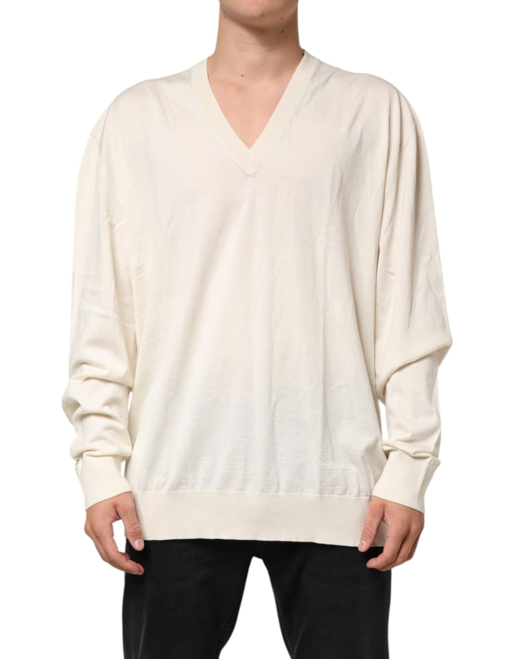 Dolce & Gabbana Ivory Virgin Wool Men V-Neck Knit Sweater