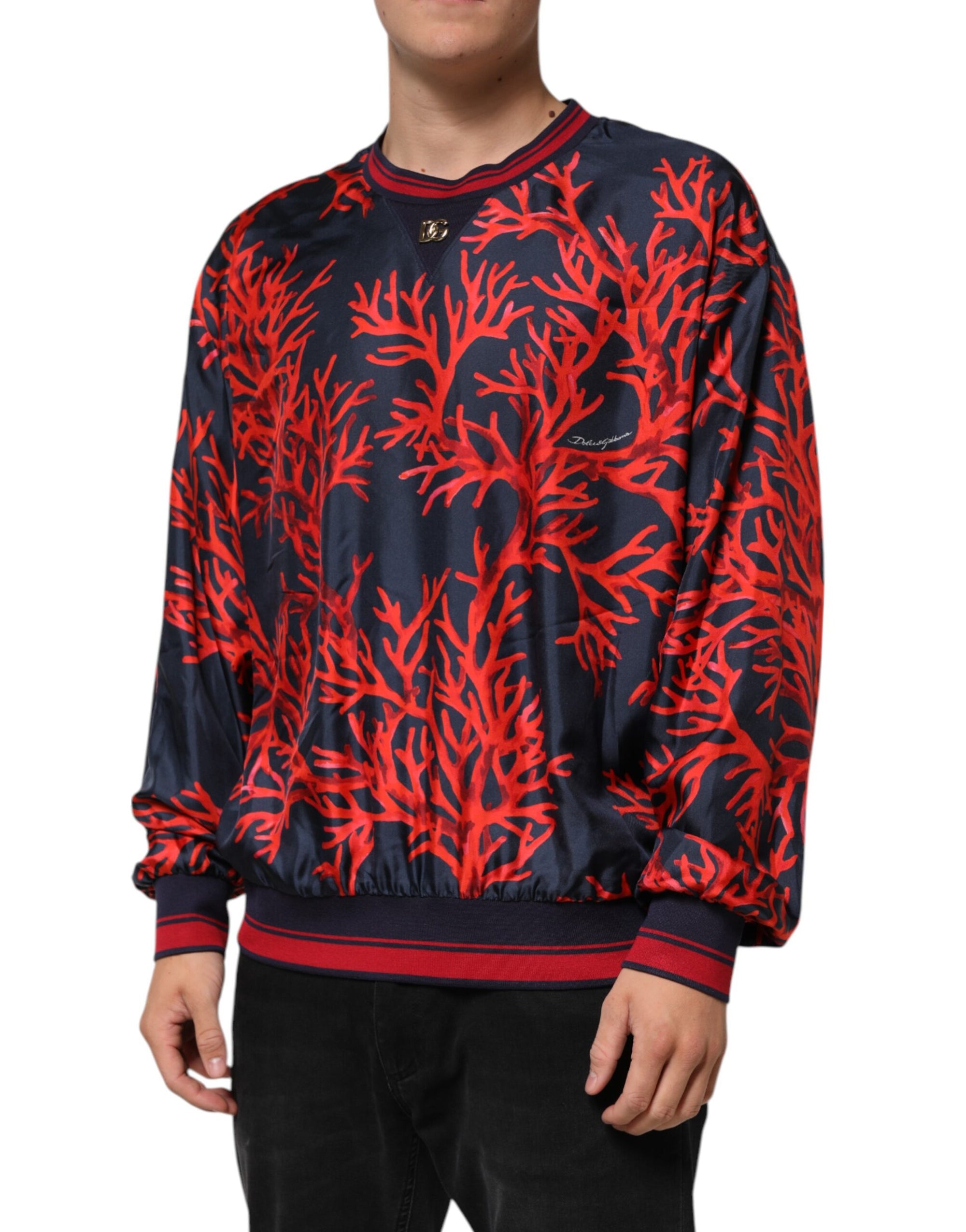 Dolce & Gabbana Silk Navy Red Coral Print Pullover Sweater