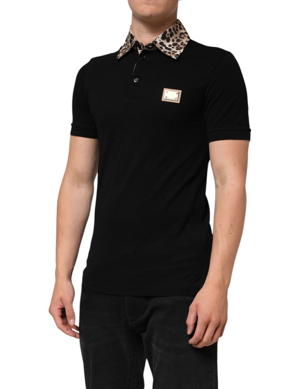Dolce & Gabbana Black Cotton Leopard Collar Polo T-shirt