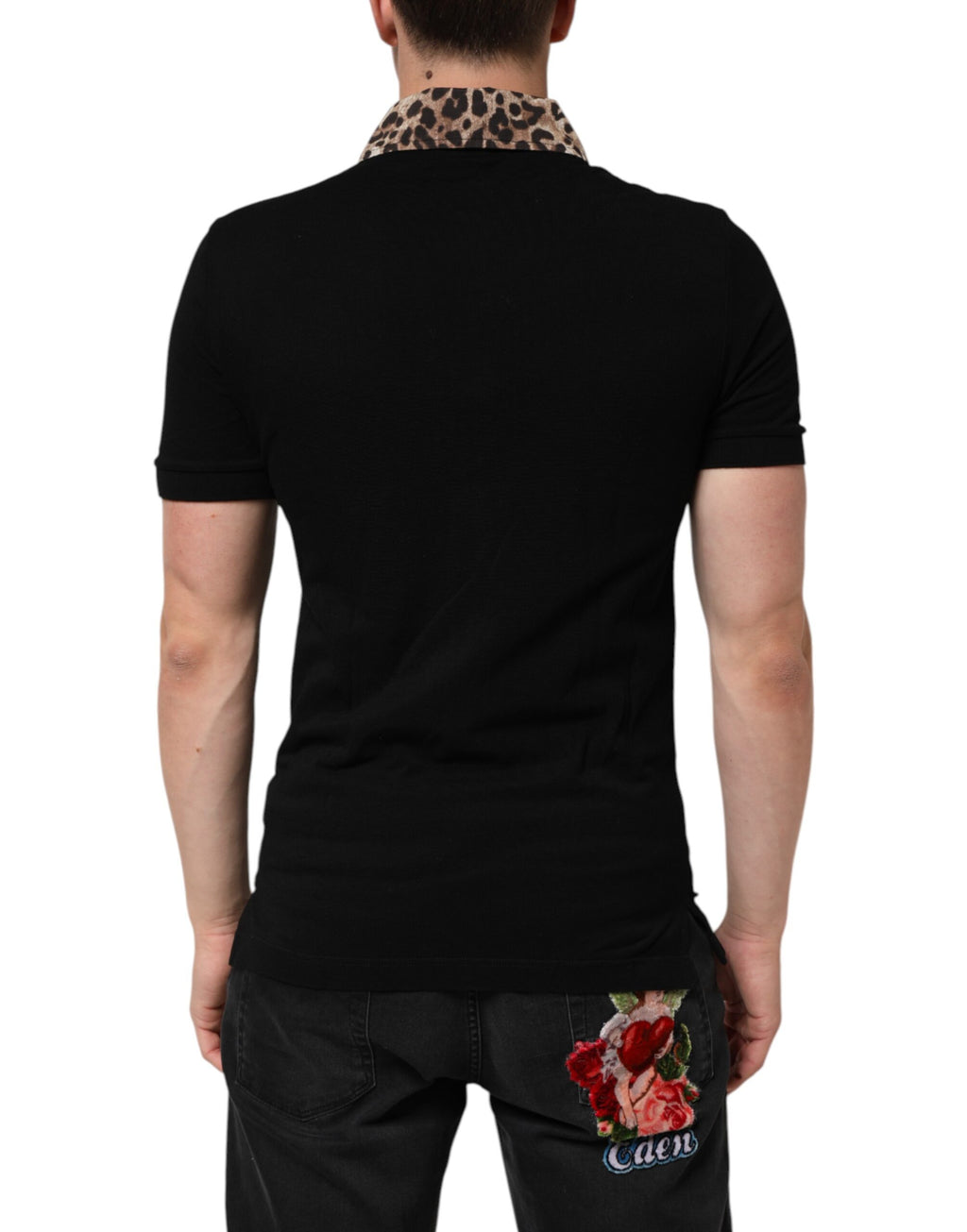 Dolce & Gabbana Black Cotton Leopard Collar Polo T-shirt