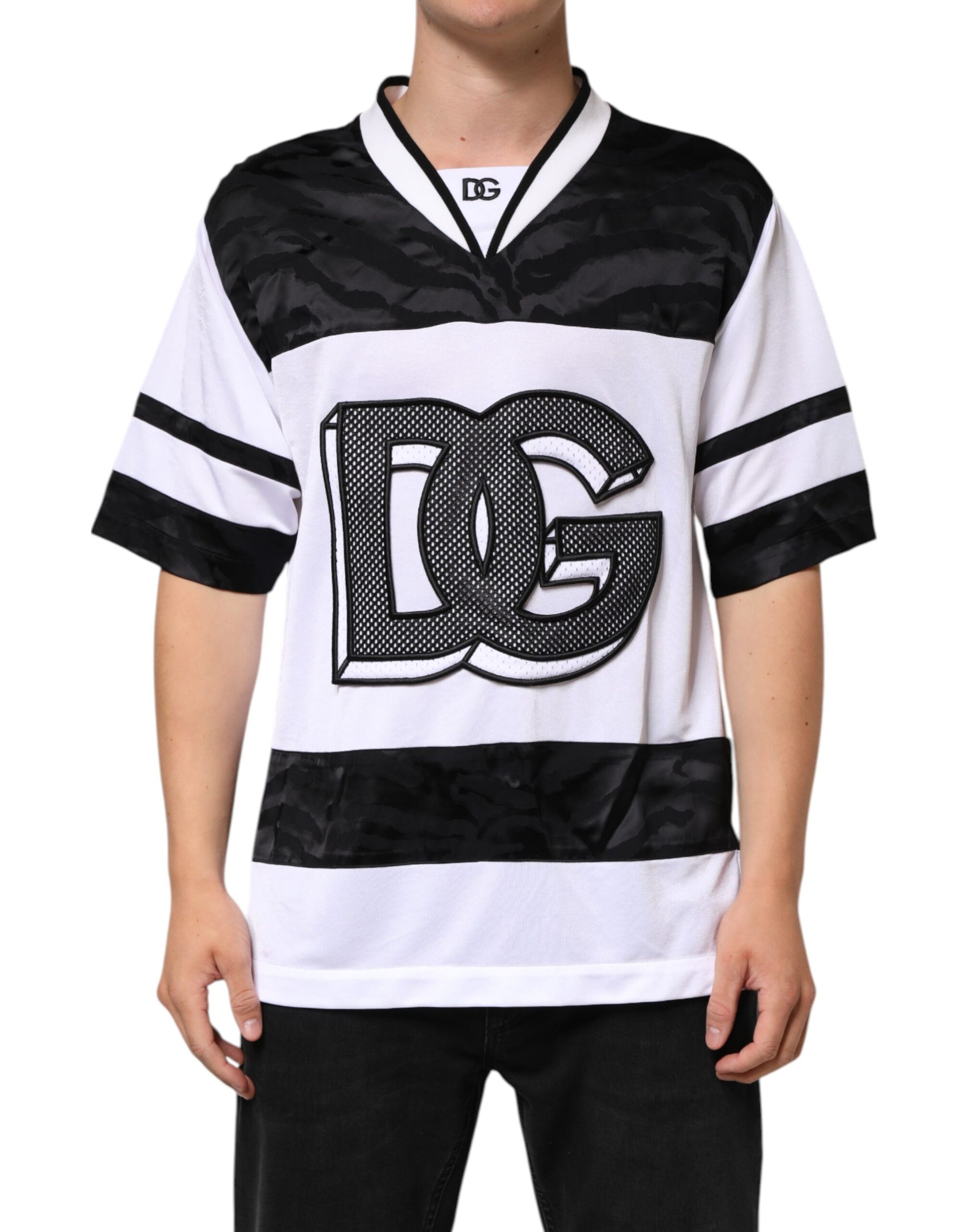 Dolce & Gabbana White Black Polyester DG Logo Mesh Jersey T-shirt