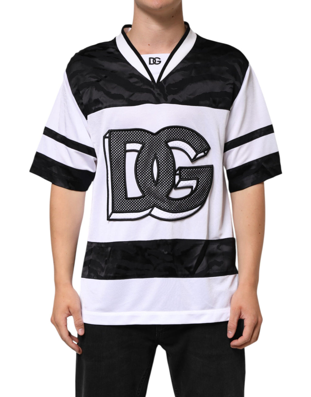 Dolce & Gabbana White Black Polyester DG Logo Mesh Jersey T-shirt