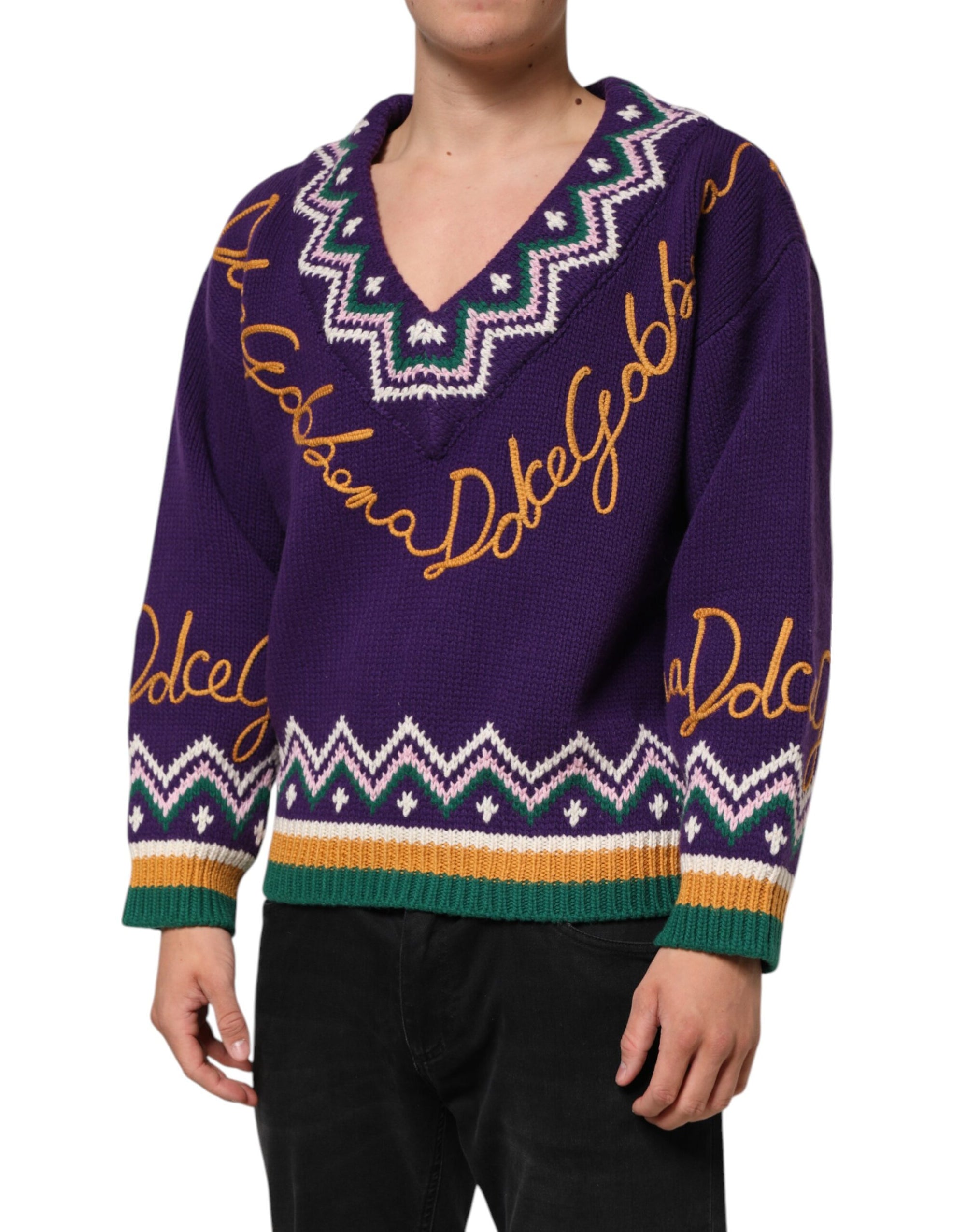 Dolce & Gabbana Purple Wool DG Logo Men Knit Pullover Sweater