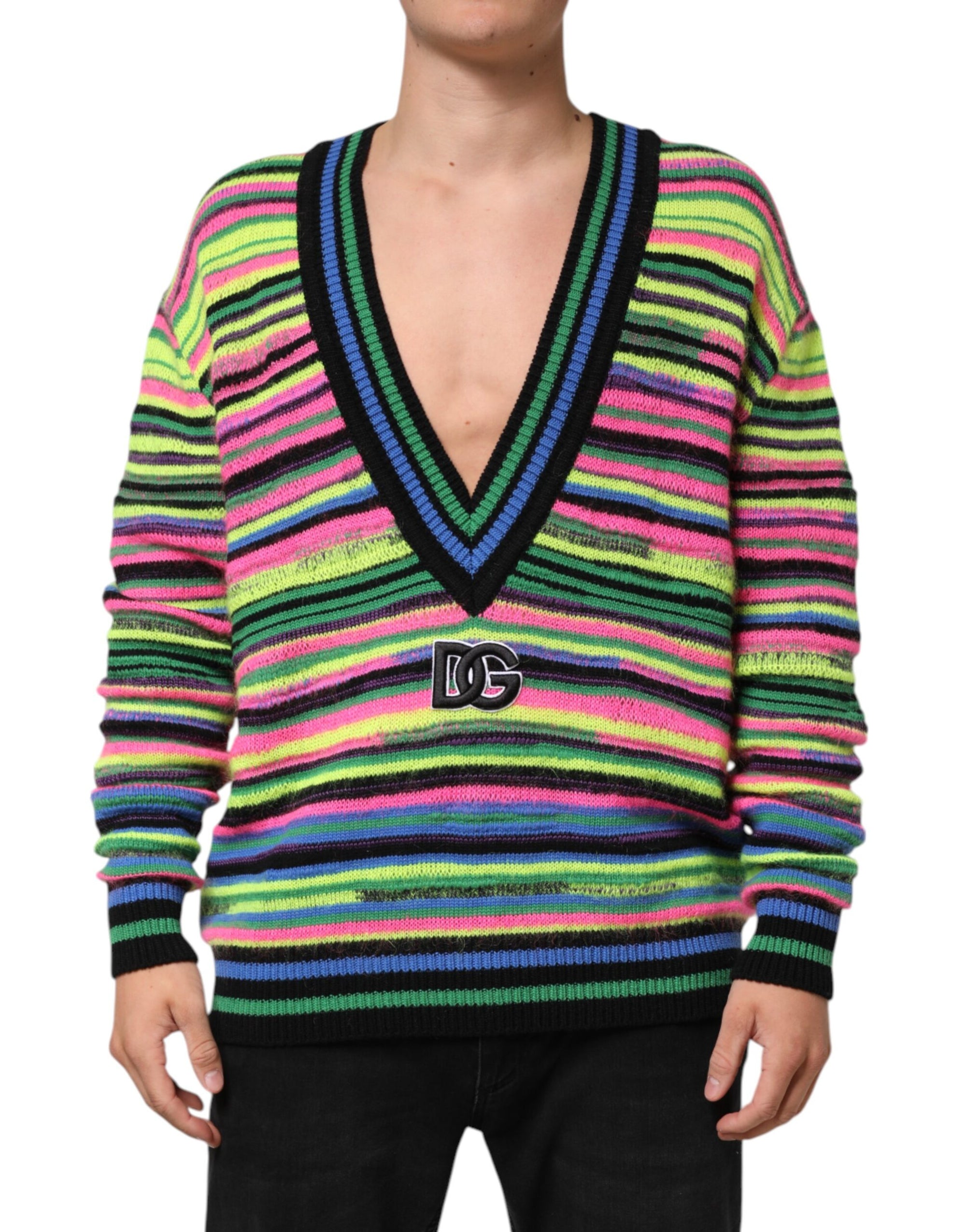 Dolce & Gabbana Multicolor DG Logo V-Neck Knit Pullover Sweater