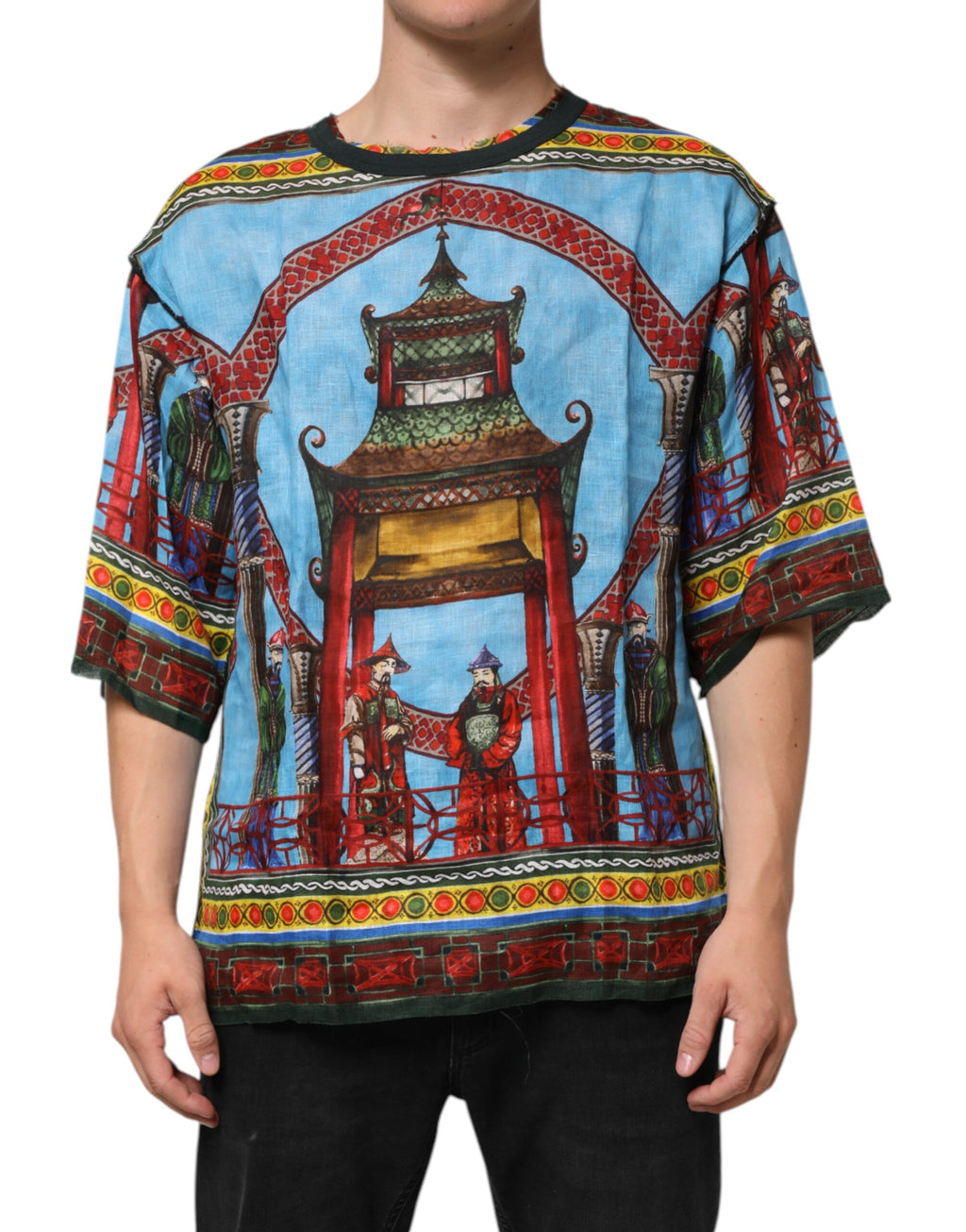 Dolce & Gabbana Multicolor Cotton Linen Temple Print T-shirt