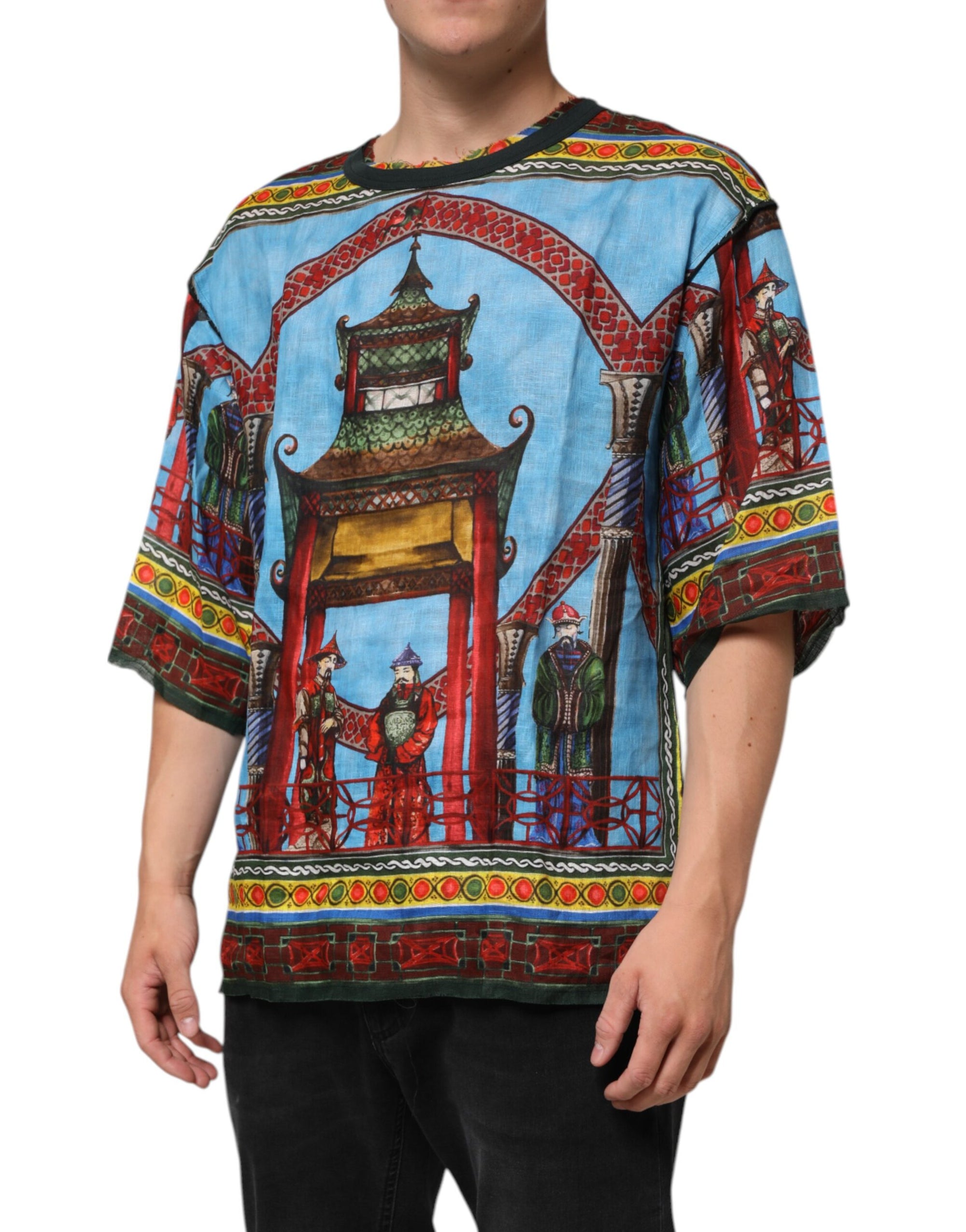Dolce & Gabbana Multicolor Cotton Linen Temple Print T-shirt