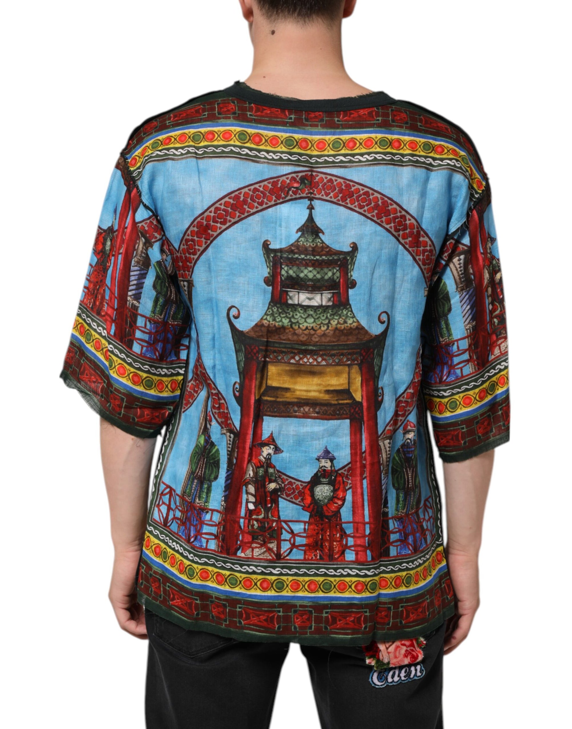 Dolce & Gabbana Multicolor Cotton Linen Temple Print T-shirt