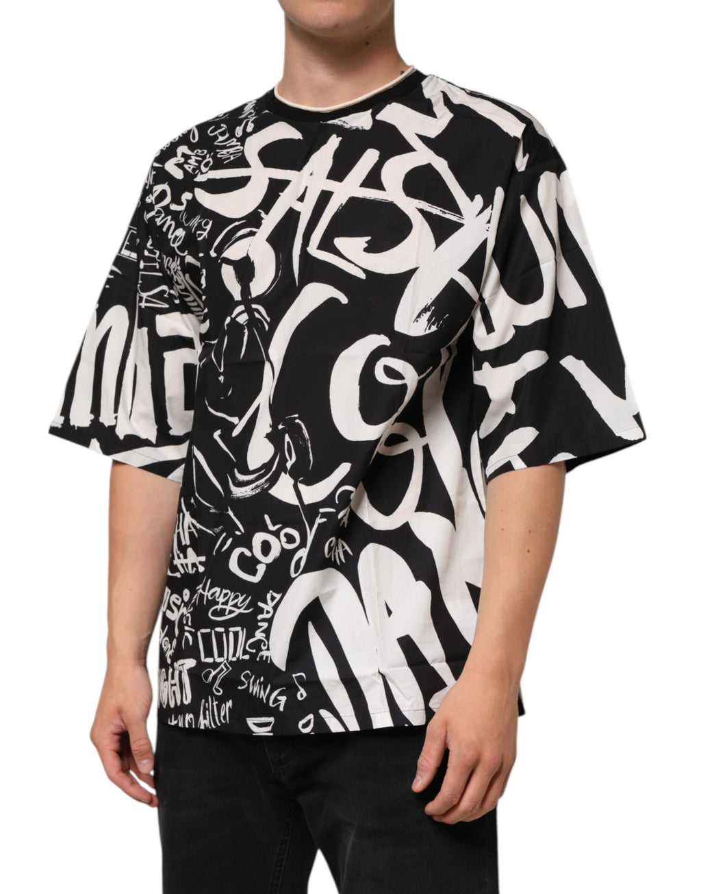 Dolce & Gabbana Black White Cotton Oversized Graffiti T-shirt