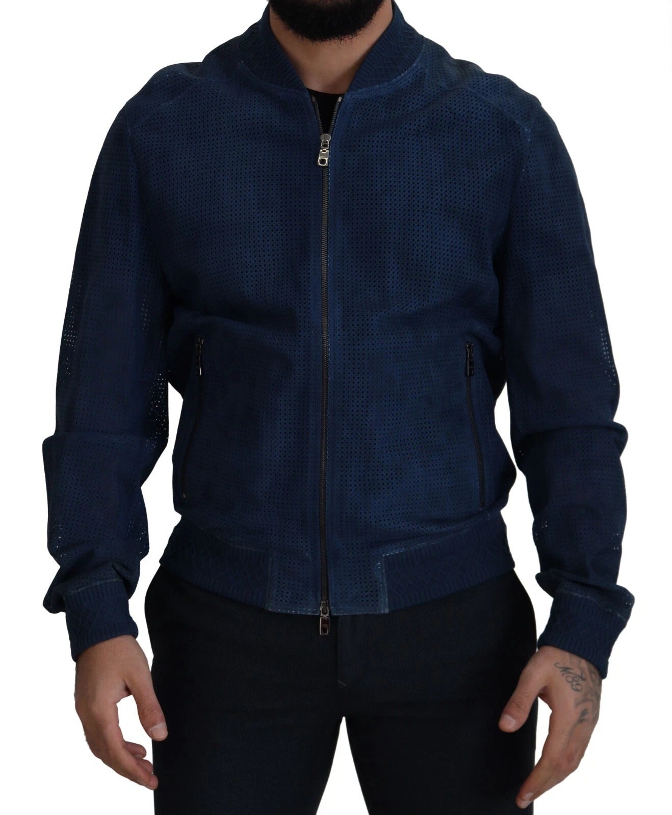 Dolce & Gabbana Blue Leather Perforated Full Zip Jacket