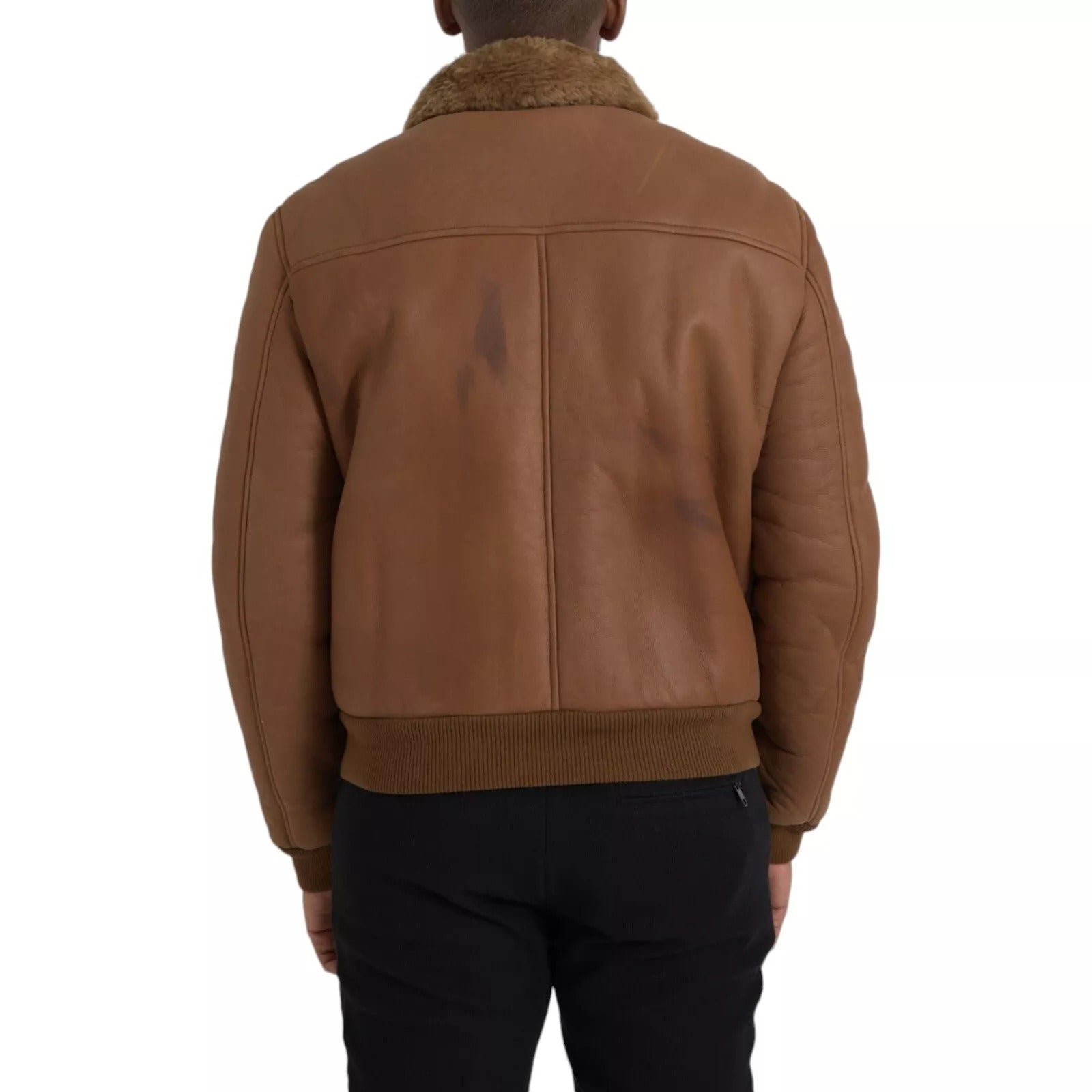 Dolce & Gabbana Brown Leather Fur Button Biker Coat Jacket