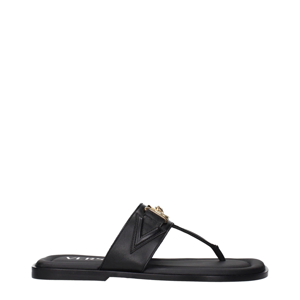 Versace Black Leather Flip-Flop Sandals