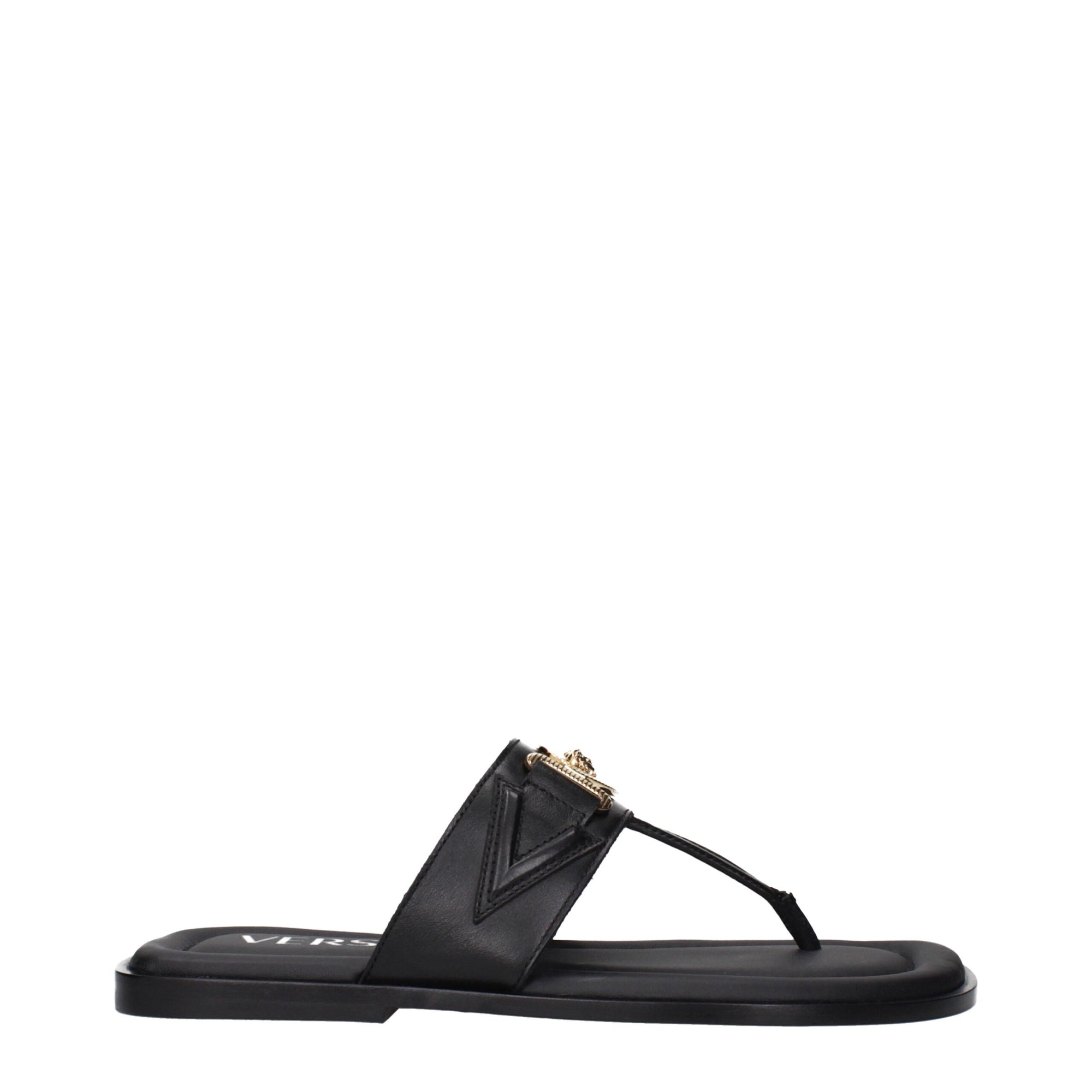 Versace Black Leather Flip-Flop Sandals
