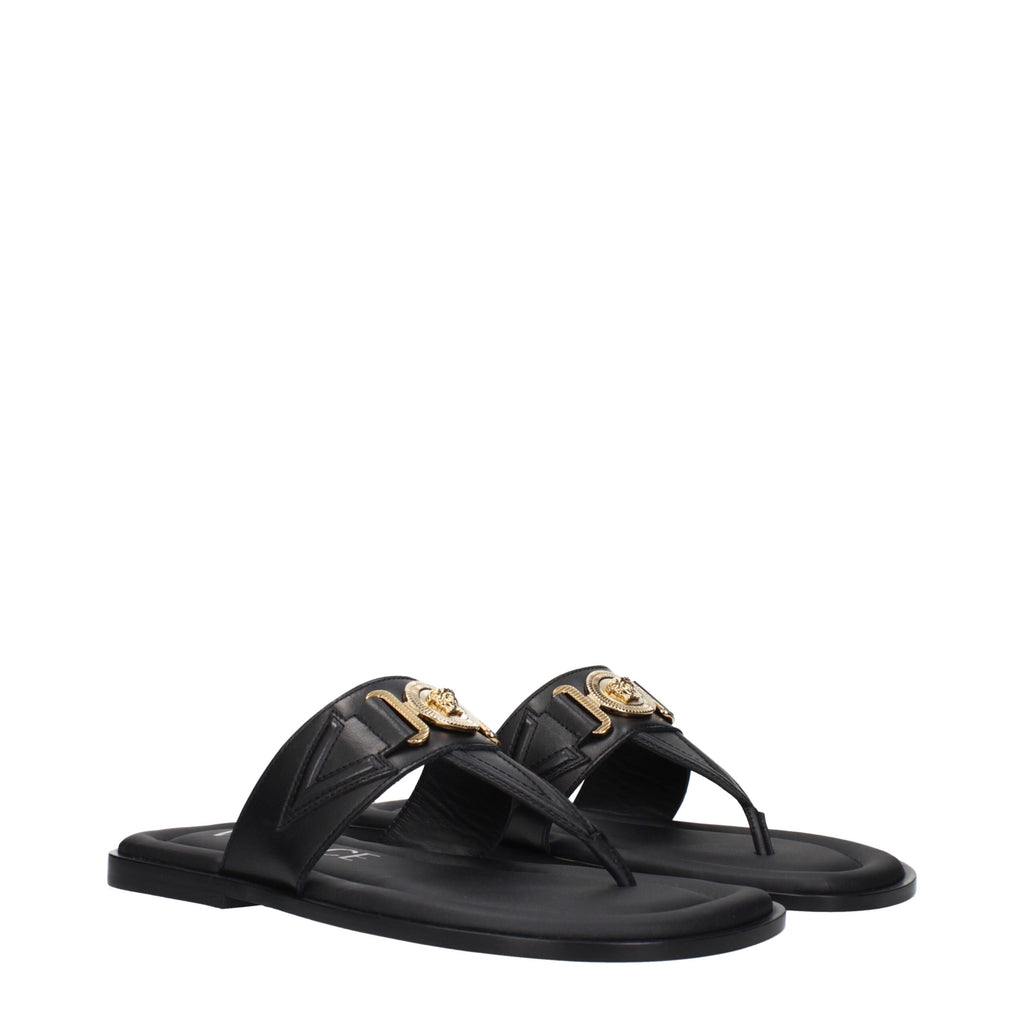 Versace Black Leather Flip-Flop Sandals