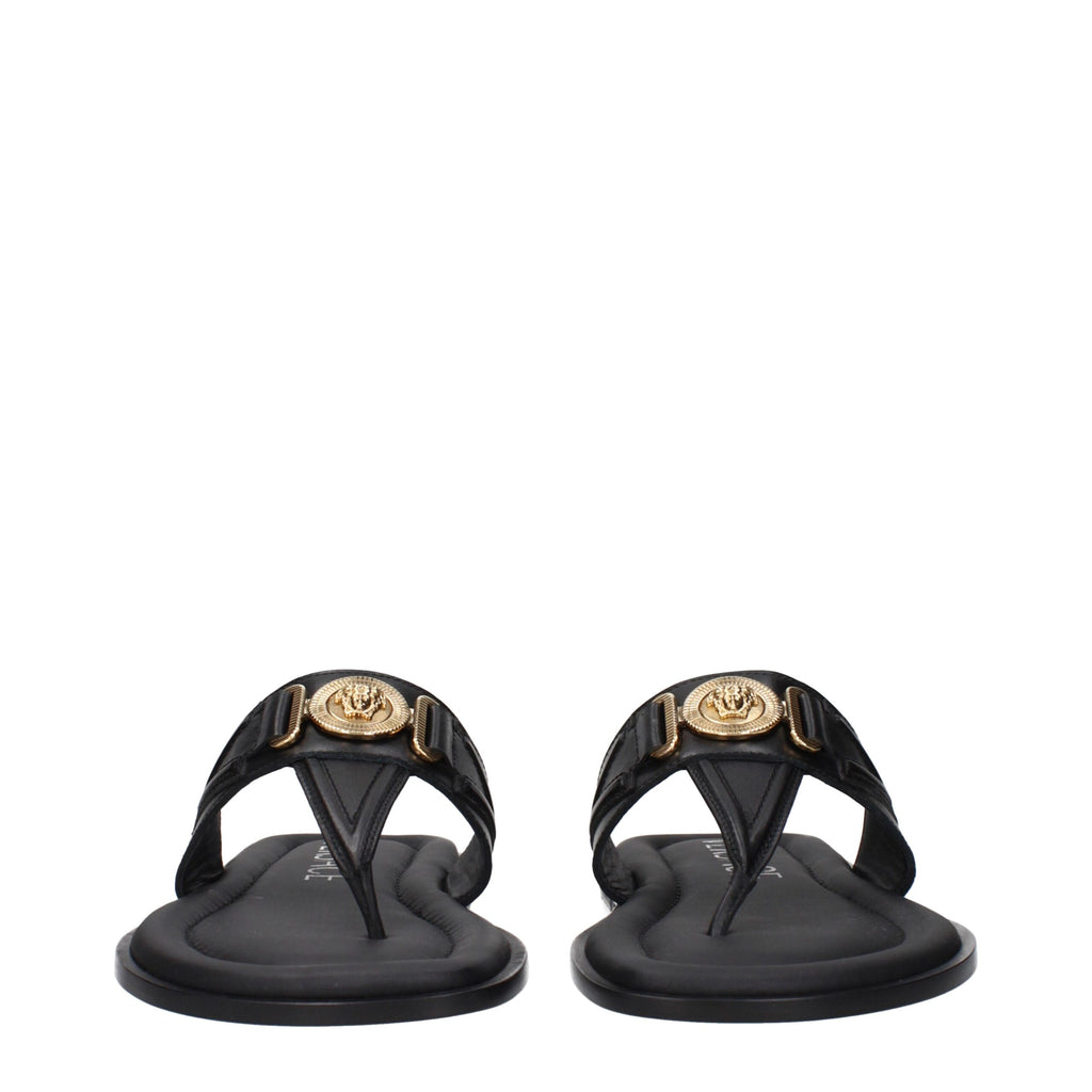 Versace Black Leather Flip-Flop Sandals