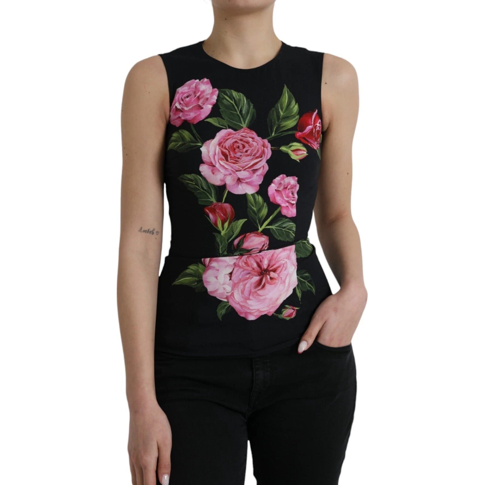 Dolce & Gabbana Black Floral Viscose Round Neck Tank Top