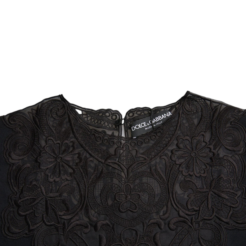 Dolce & Gabbana Black Silk Lace Trim Long Sleeves Blouse Top