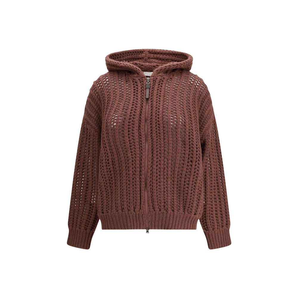 Brunello Cucinelli Balloon Net Embroidery Cardigan in cashmere with a hood